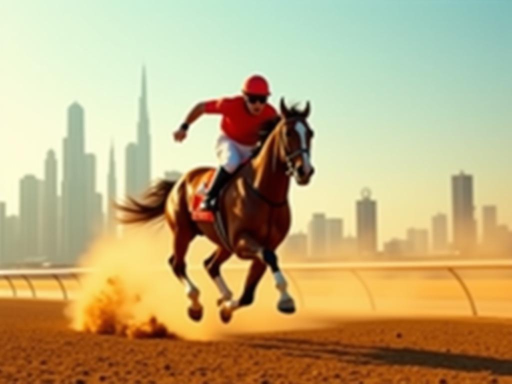 Dynamic image of a racehorse in full stride on a track in Dubai, conveying power and speed.