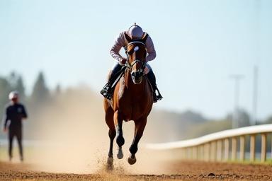 Racehorse being trained on a track.